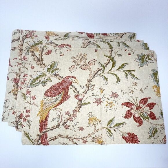 Pottery Barn Parrot Pineapple Palampore Floral Linen Cotton Placemats Set Of 4 - Picture 1 of 7